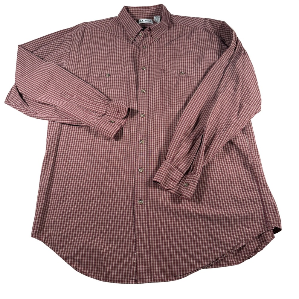 LL Bean Button Down Shirt Mens Large Tall Burgundy Check Cotton Long Sleeve‎